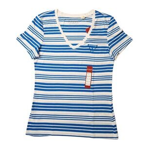 Guess Women Dane Stripe Tee V-neck Short sleeve, Blue/White, Size XS New